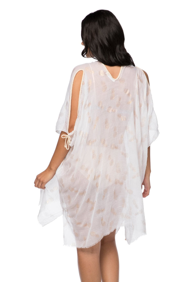 Pool to Party Kaftan One Size / White / 100% Polyester Open Shoulder Dress in Golden Pineapple