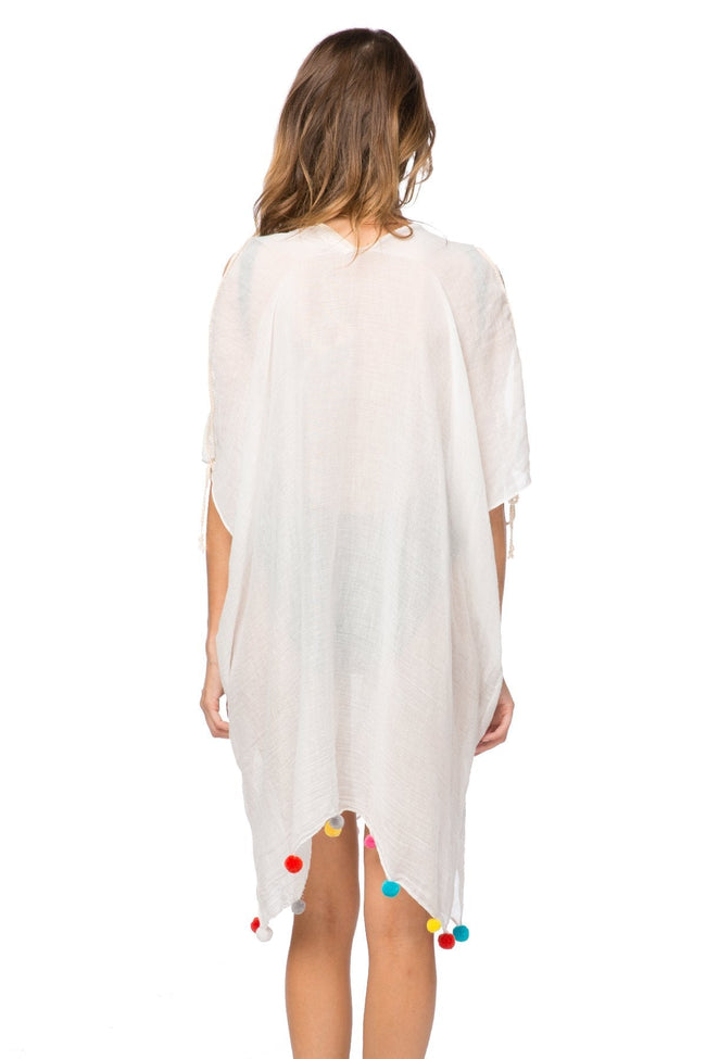 Pool to Party Kaftan One Size / White / 50% Cotton/50% Polyester Open Shoulder Dress in Rainbow Pom Pom