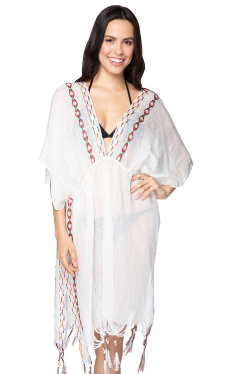 Pool to Party Kaftan One Size / White / Linen/Rayon Aztec Embroidery Isle Dress