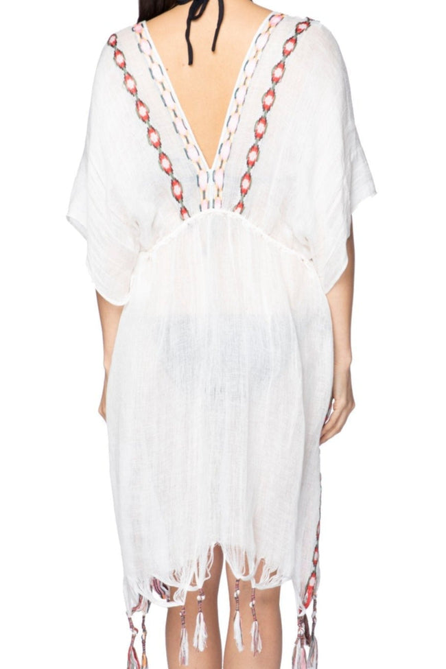 Pool to Party Kaftan One Size / White / Linen/Rayon Aztec Embroidery Isle Dress