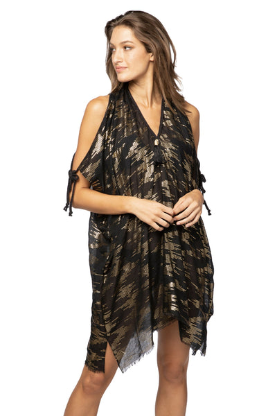 Pool to Party Kaftan OS / Black Open Shoulder Coveurp Sun Dress in Flat Line with Gold