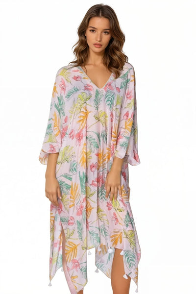 Pool to Party Kaftan Sundress One Size / Pink Colorful Spring Print V-Neck Sundress Coverup