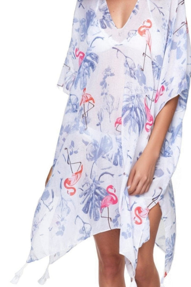 Pool to Party Kaftan Sundress One Size / White Palm Springs White Print V-Neck Sheer Coverup Kaftan Dress