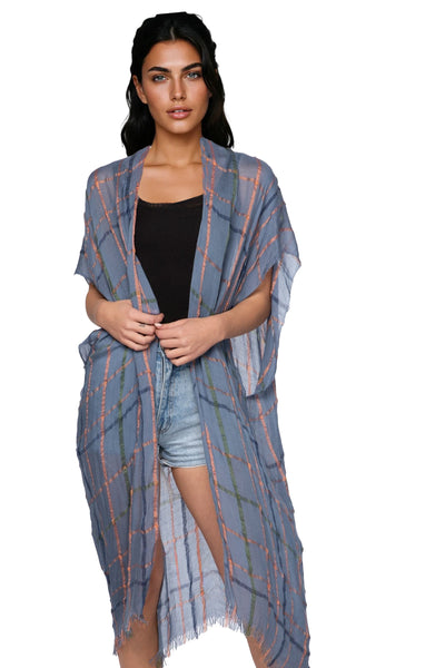 Pool to Party Kimono Blue / One Size Lightweight Plaid Raw Edge Kimono Wrap
