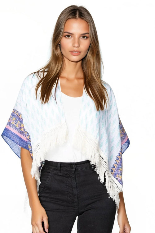 Pool to Party Kimono Bohemian Story Ocean / One Size Soft Hand Luxury Fringe Edge Crop Kimono