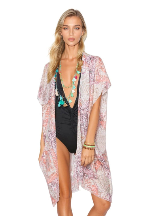 Pool to Party Kimono Coral / One Size Tea for Two Sheer Print Kimono Beach Wrap