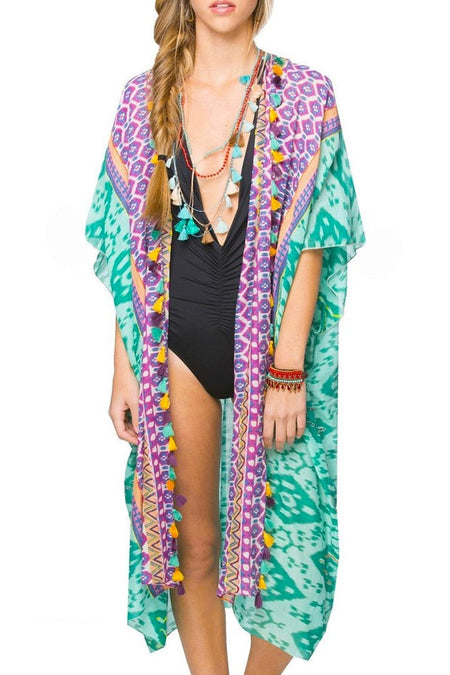 Woodstock Embroidered Kimono with Mini Pom Pom