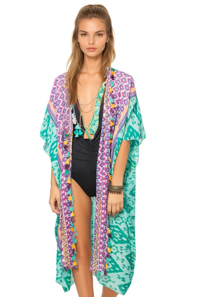 Pool to Party Kimono Green / One Size Folk Song Print Cotton Embroidery Kimono Coverup