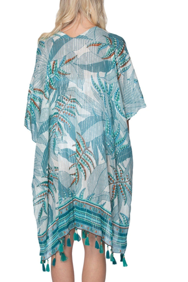 Pool to Party Kimono O/S / Teal / 95% Cotton 5% Lurex Islander Print Coverup Kimono Wrap