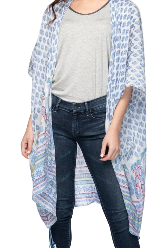 Pool to Party Kimono One Size / Blue / 100% Cotton Embroidered Paisley Kimono Wrap