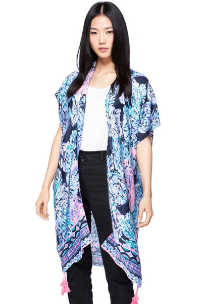 Pool to Party Kimono One Size / Blue / 100% Polyester Euro Dancer Print Kimono