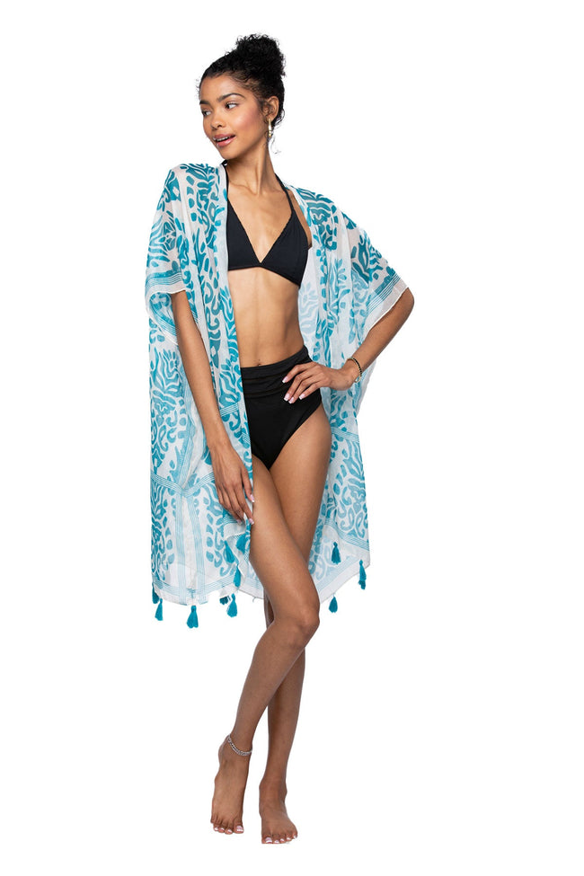 Pool to Party Kimono One Size / Blue / 100% soft Polyester Dance At The Bazaar Print Coverup Kimono