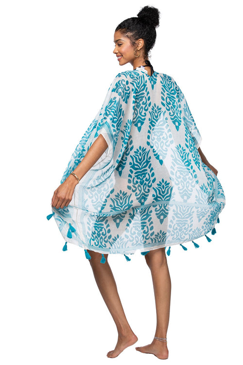 Pool to Party Kimono One Size / Blue / 100% soft Polyester Dance At The Bazaar Print Coverup Kimono