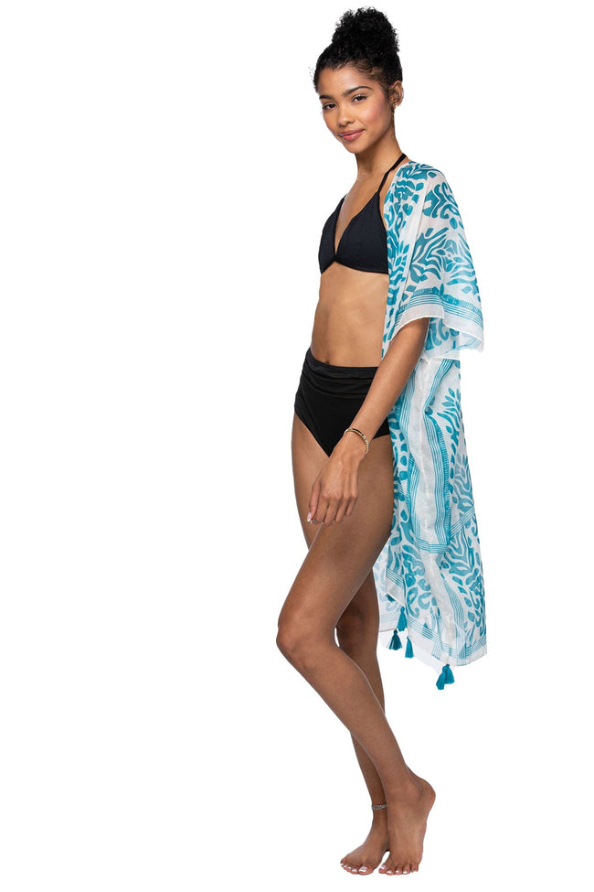 Pool to Party Kimono One Size / Blue / 100% soft Polyester Dance At The Bazaar Print Coverup Kimono