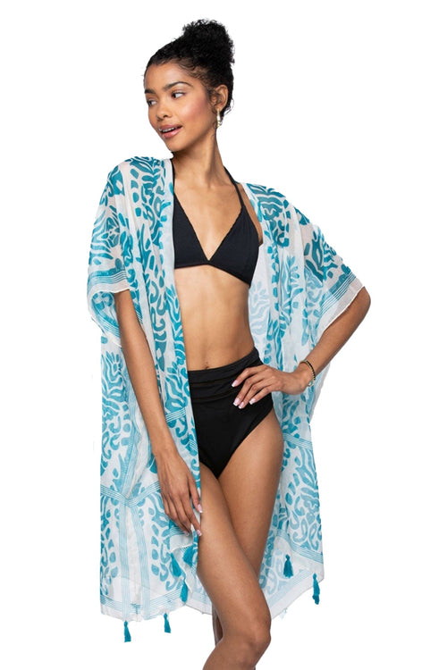 Pool to Party Kimono One Size / Blue / 100% soft Polyester Dance At The Bazaar Print Coverup Kimono