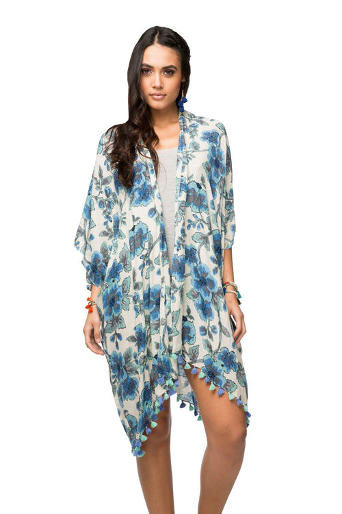 Pool to Party Kimono One Size / Blue / Cotton/Linen Denim Flowers Print Coverup Kimono