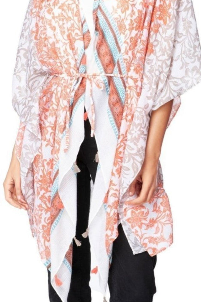 Pool to Party Kimono One Size / Dune/Orange / 100% Polyester The Cabana Kimono Coverup in Botanical Lattice Print