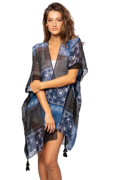 Pool to Party Kimono One Size / Navy / 100% Polyester Bandana Blues Print Kimono Wrap