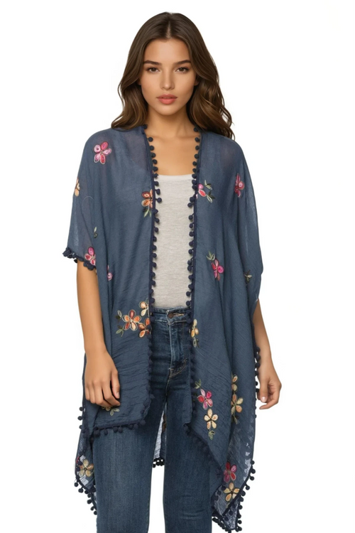 Pool to Party Kimono One Size / Navy / 65% Polyester/35% Viscose Dash of Daisy Navy Embroidered Kimono