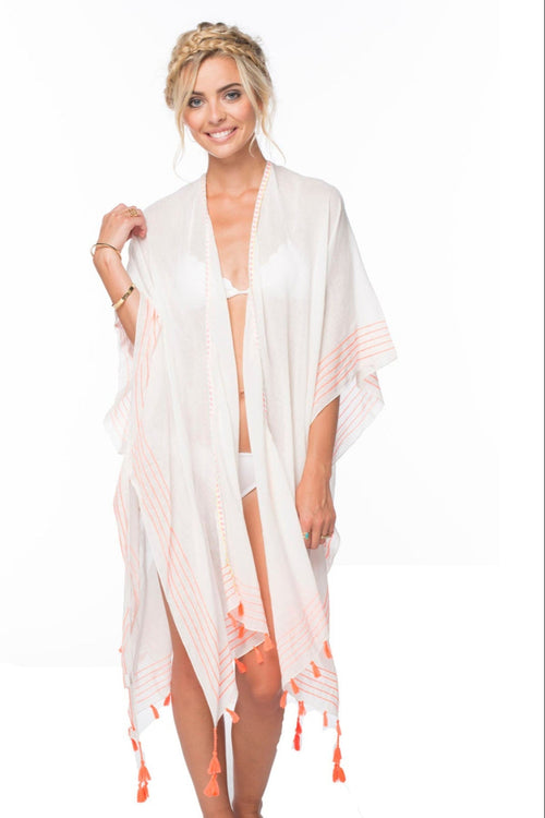 Pool to Party Kimono One Size / Neon Orange / 100% Cotton Embroidery Borders Loose & Easy Kimono Coverup