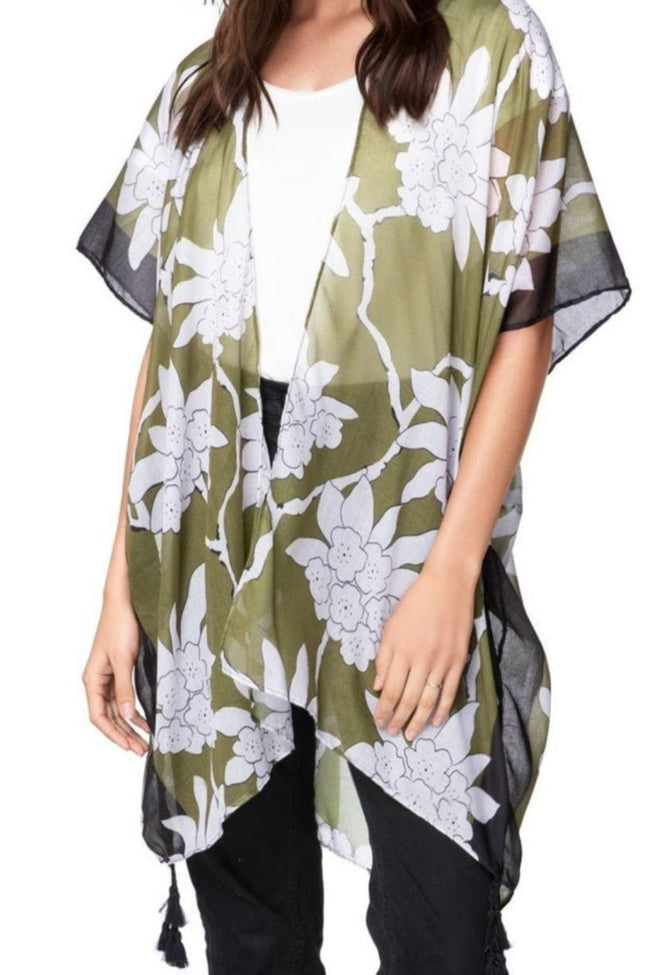 Pool to Party Kimono One Size / Olive / 100% Polyester On the Vine Print Coverup Kimono Wrap