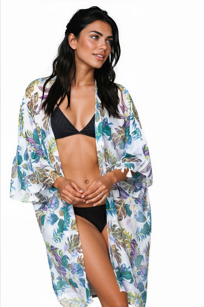 Pool to Party Kimono P2PBKJD1 Bali Garden Multi / One Size Bell Kimono Sleeve Kimono Coverup in Sheer Print