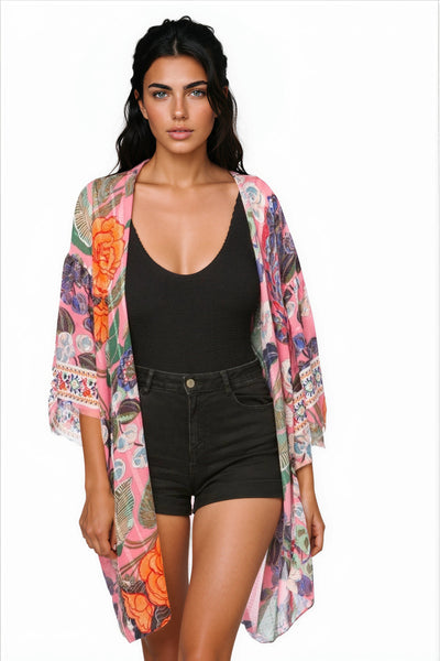 Pool to Party Kimono P2PBKJS19-PS Enchanting Blooms Pink / One Size Bell Kimono Sleeve Satin Prints Beach Coverup