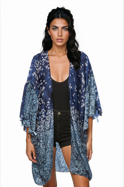 Pool to Party Kimono P2PBKJS33-PS Fly Free Navy / One Size Bell Kimono Sleeve Satin Prints Beach Coverup