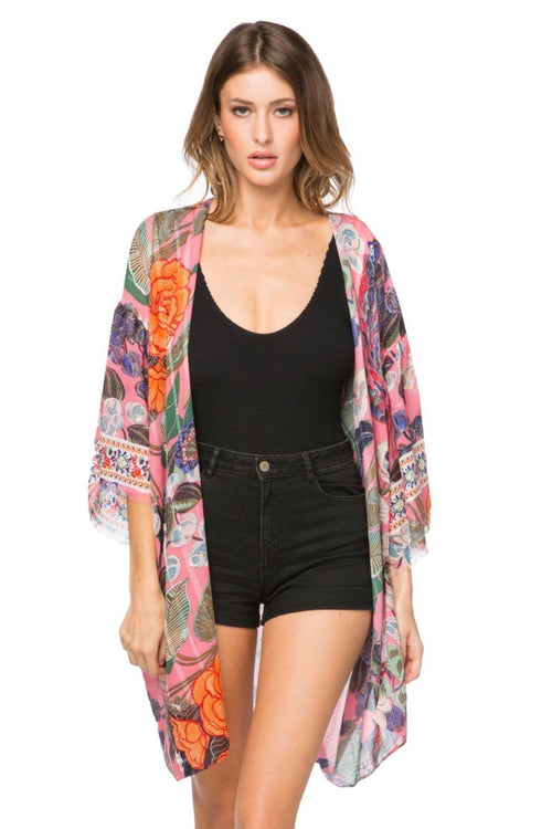 Pool to Party Kimono Pink / One Size Bell Kimono Coverup in Enchanting Blooms Pink Ptiny