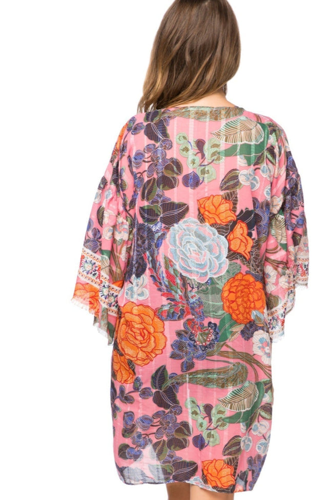 Pool to Party Kimono Pink / One Size Bell Kimono Coverup in Enchanting Blooms Pink Ptiny