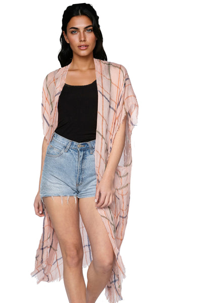 Pool to Party Kimono Pink / One Size Lightweight Plaid Raw Edge Kimono Wrap