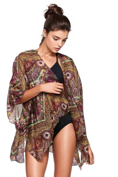 Pool to Party Kimono SPPPCS / One Size / S15-GRN Green Square Enchanting Silky Print Crop Kimono Coverup