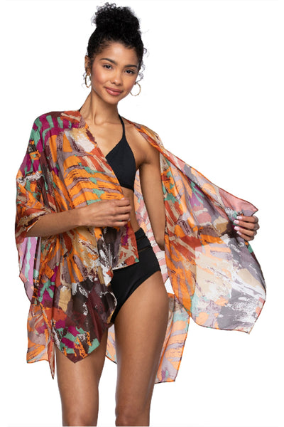 Pool to Party Kimono SPPPCS / One Size / S17-Orange Different Strokes Enchanting Silky Print Crop Kimono Coverup