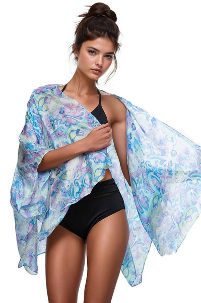 Pool to Party Kimono SPPPCS / One Size / WS-HYD Watercolor Paisley Enchanting Silky Print Crop Kimono Coverup