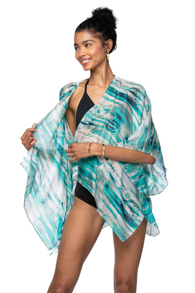 Pool to Party Kimono SPPPCS / One Size / WS-TQ Turquoise Washed Stripes Enchanting Silky Print Kimono