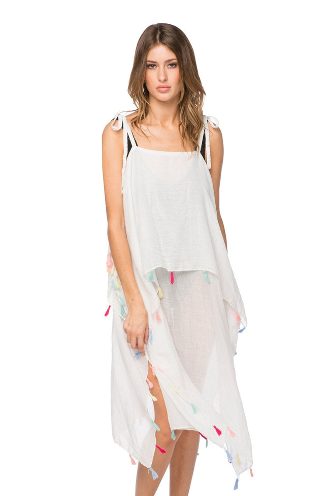 Pool to Party Maxi Coastal Getaway Dress / One Size / White Rainbow Tassel Coverup |  Coastal Getaway Dress