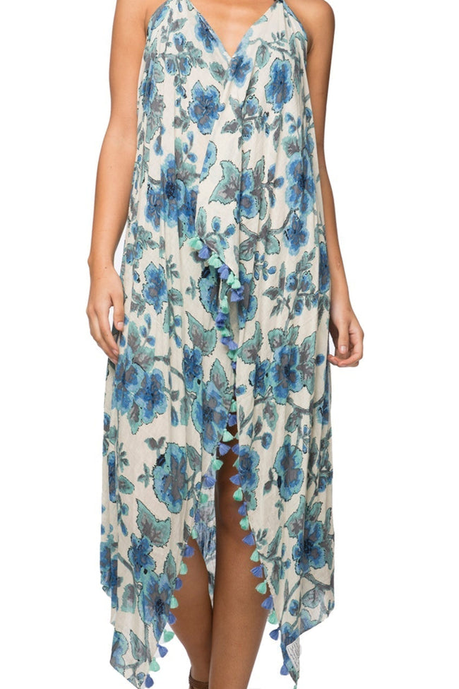 Pool to Party Maxi One Size / Blue / 100% Cotton Maxi Halter Sundress Coverup  in Denim Flowers Print