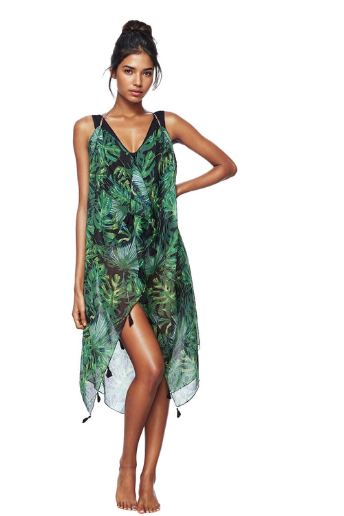Pool to Party Maxi One Size / Green / 100% Poly Maxi Halter Sundress Coverup  in Palms in the Moonlight Print