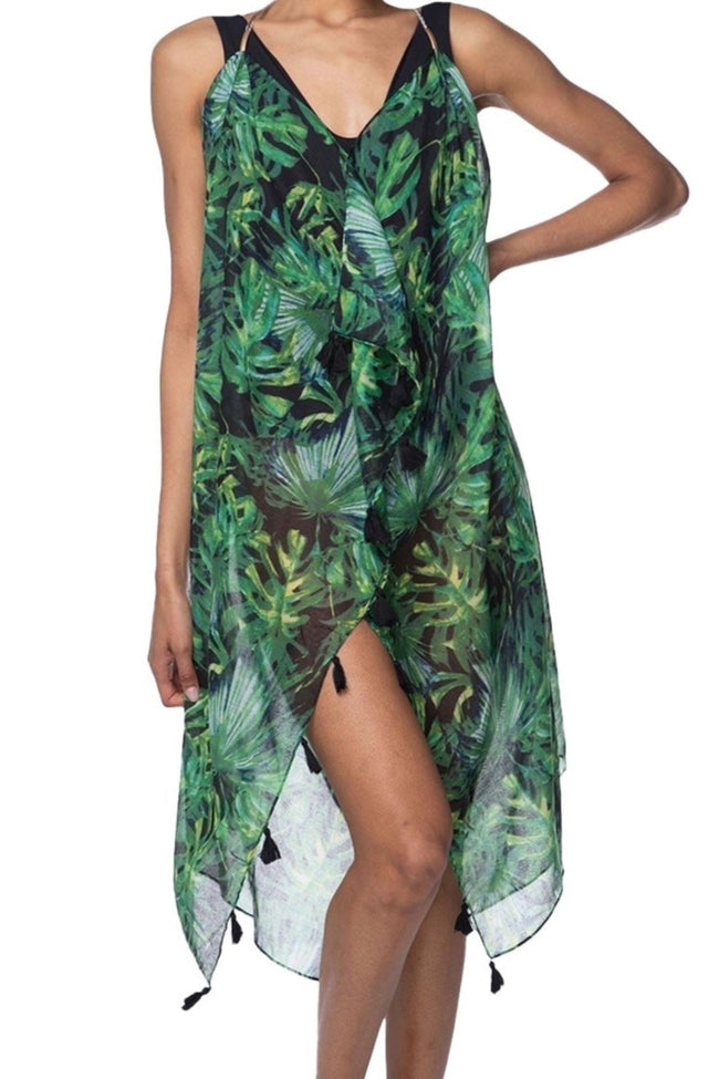 Pool to Party Maxi One Size / Green / 100% Poly Maxi Halter Sundress Coverup  in Palms in the Moonlight Print
