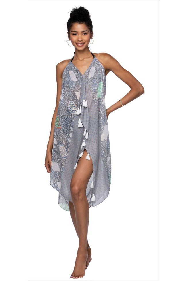 Pool to Party Maxi One Size / Grey / 100% Poly Maxi Halter Sundress Coverup  in Veil of Time Print