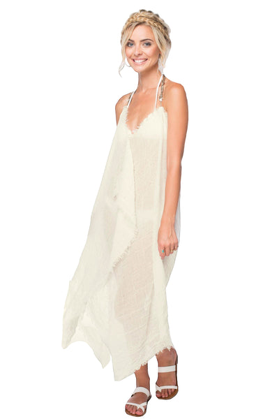 Pool to Party Maxi One Size / Ivory-Off White / 100% Modal Maxi Tassel Sheer Sequin Ivory Summer Coverup