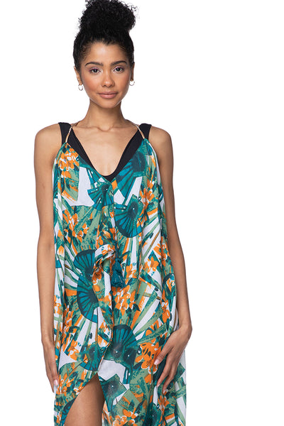 Pool to Party Maxi One Size / Jade / 100% Polyester Maxi Halter Sundress Coverup in Asian Garden Orange Green Print