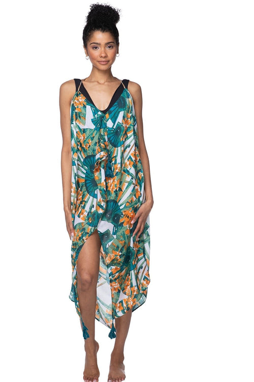 Pool to Party Maxi One Size / Jade / 100% Polyester Maxi Halter Sundress Coverup in Asian Garden Print
