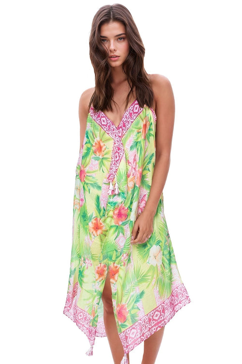 Pool to Party Maxi One Size / Lime / 100% Poly Maxi Tassel Sundress Coverup in Hawaiian Paradise Print