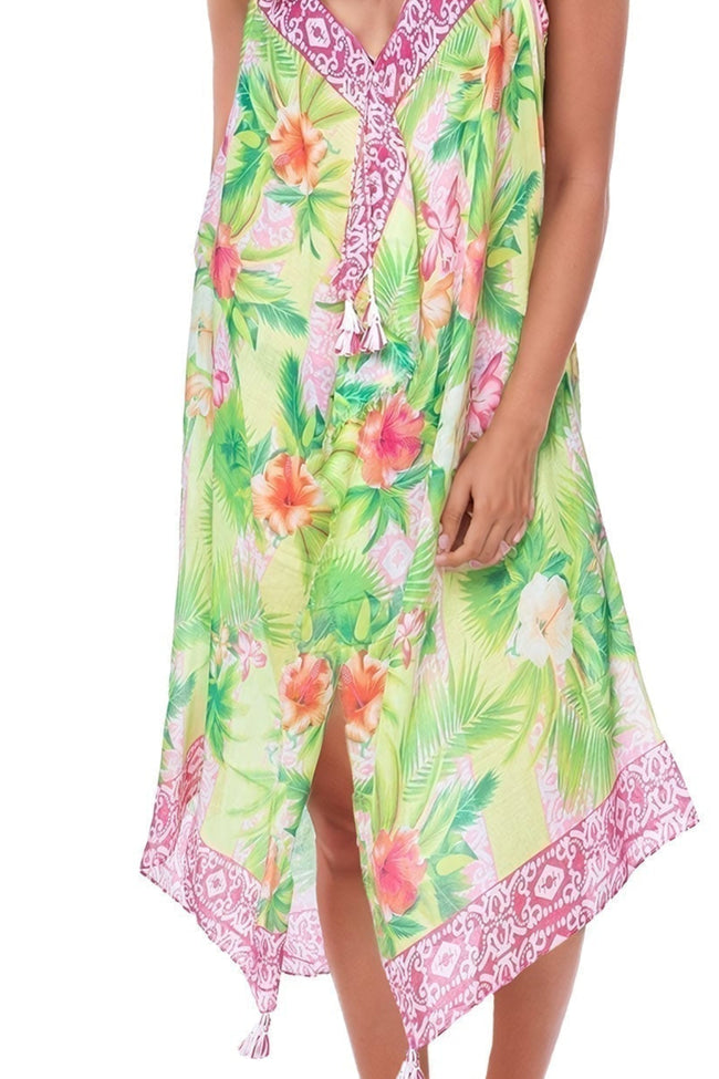 Pool to Party Maxi One Size / Lime / 100% Poly Maxi Tassel Sundress Coverup in Hawaiian Paradise Print