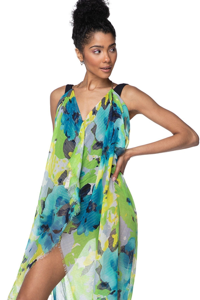 Pool to Party Maxi One Size / Lime / 100% Polyester Maxi Halter Sundress Coverup  in Luminous Blooms Print