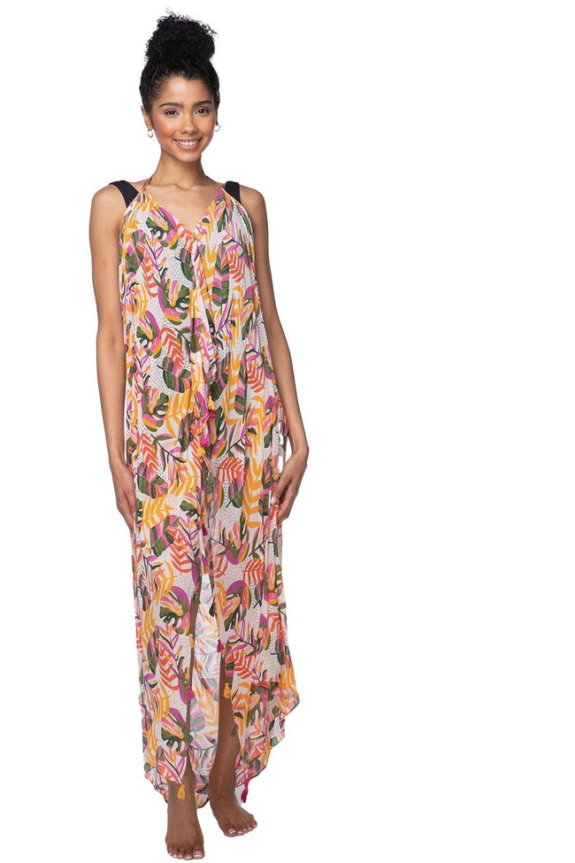 Pool to Party Maxi One Size / Multi / 50% Modal/50% Viscose Maxi Halter Sundress Coverup  in Tahiti Leaf Print
