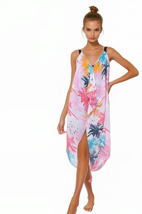 Pool to Party Maxi One Size / Pink / 100% Soft Poly Washed Ashore Print Bright Print - Maxi Halter Sundress Coverup