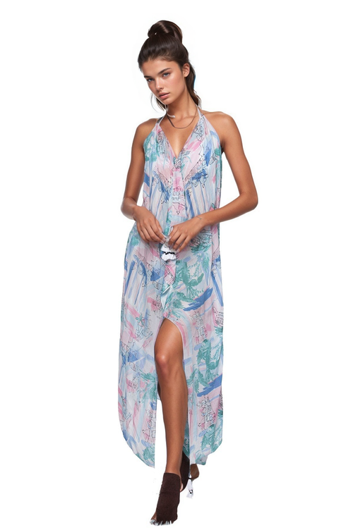 Pool to Party Maxi One Size / Pink / 50% Modal/50% Viscose Maxi Halter Sundress Coverup in World Traveler Print