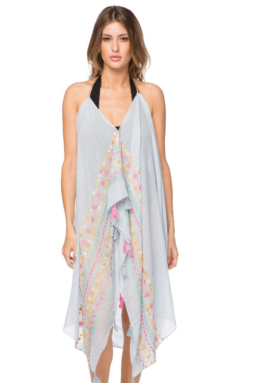 Pool to Party Maxi One Size / Sky / 70% Polyester / 30% Cotton Maxi Halter Dress - Spring Flowers Print
